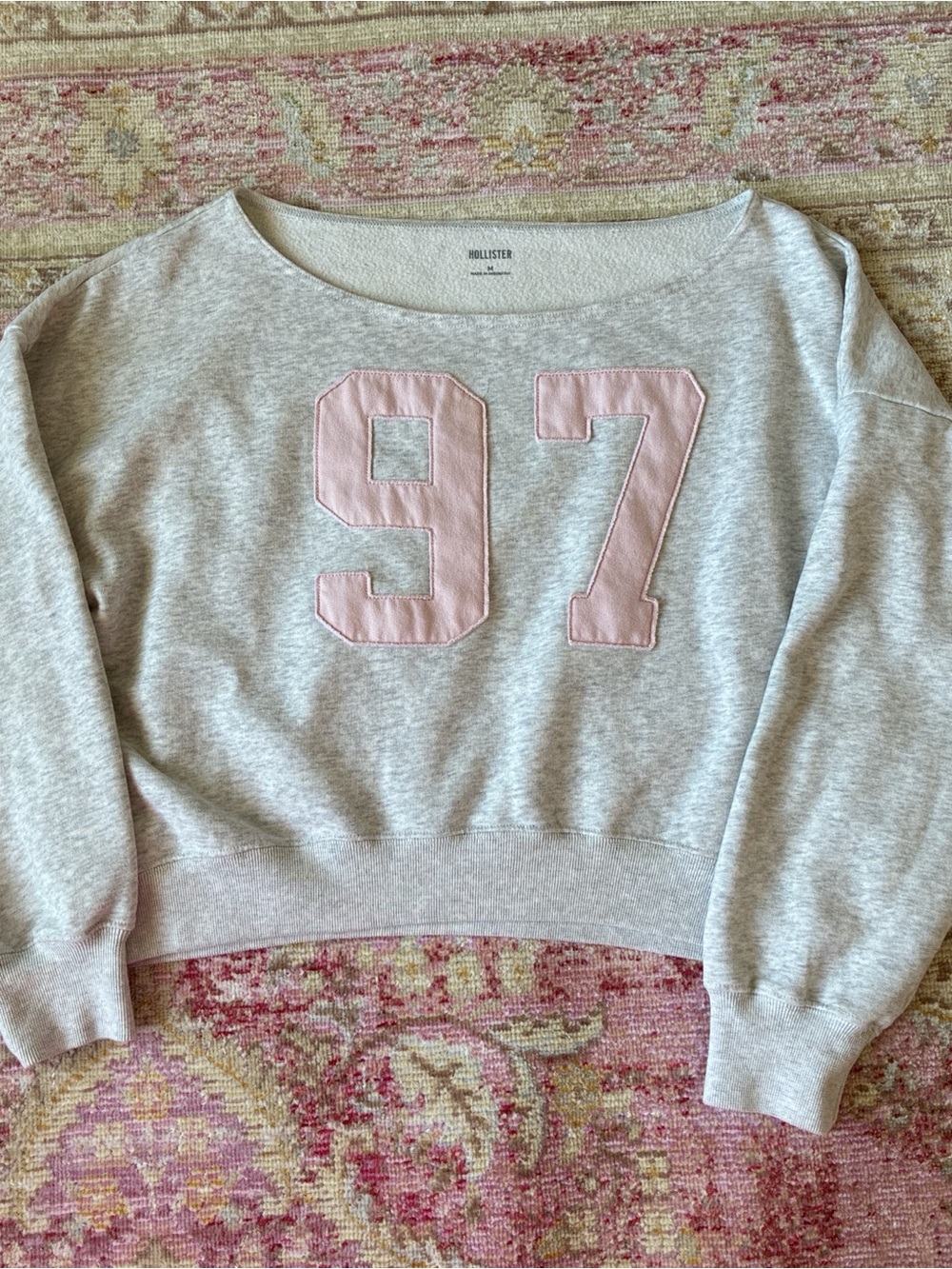 Hollister Light Gray Off-Shoulder Sweatshirt with Pink 97 Applique